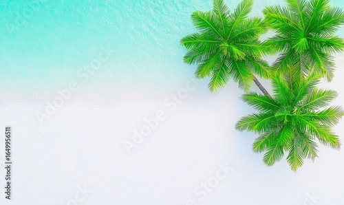 Overhead view of a pristine white beach, turquoise water, and lush palm trees