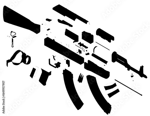 Black and white rifle silhouette with detailed cutout parts, isolated on clean white background. The machine gun outline highlights intricate components in a minimalist style. Perfect for military.