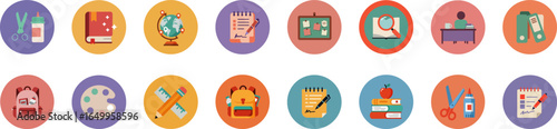 Set of 16 educational and office icons in circular badges with vibrant colors