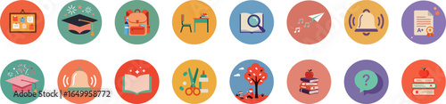 Set of 16 flat-style circular educational icons with warm color palette