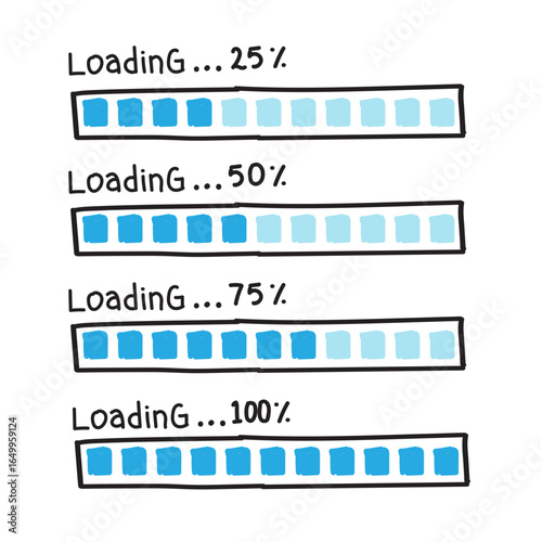 Hand drawn loading bar illustration in blue and white. Cartoon style progress bar with sketch design.