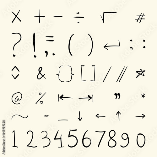 Hand Drawn Mathematical Symbols and Punctuation Marks Doodle Set