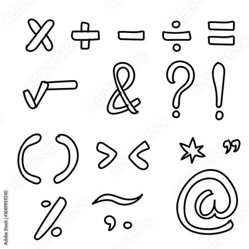 Hand Drawn Mathematical Symbols and Punctuation Marks Doodle Set