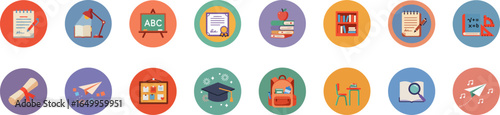 Set of 16 educational icons in circular badges with vibrant colors