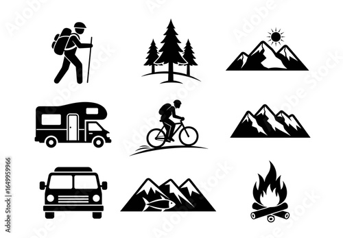 Graphic icons represent travel, outdoor adventure, nature and recreational activities in flat design