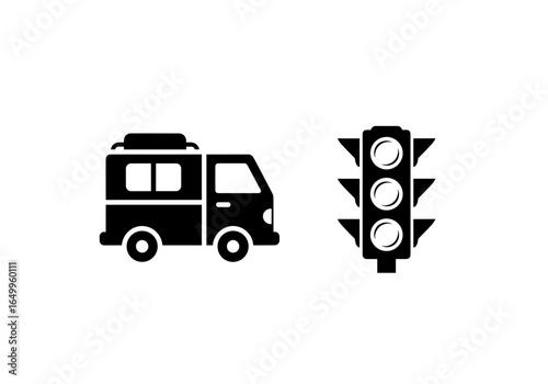 Graphic transportation and regulation icons: A delivery van beside a traffic semaphore icon