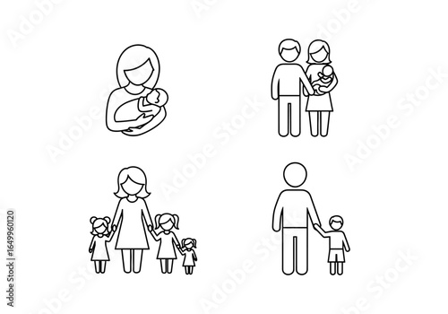 Four stylized family icons showcasing various parental relationships, motherhood, and childhood on gray