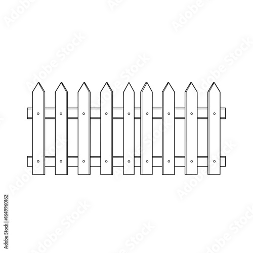 Detailed fence illustration features repeating pointed slats and horizontal supports in a neat row.