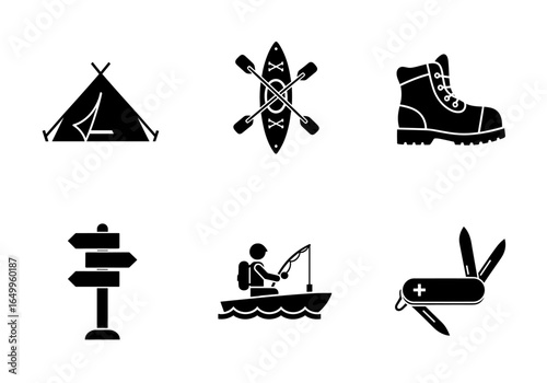 Illustrated camping and outdoor adventure icons featuring a tent, boat, boot, and pocketknife.