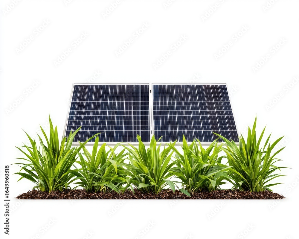 Fototapeta premium Solar panels mounted above a patch of vibrant green plants in a white background
