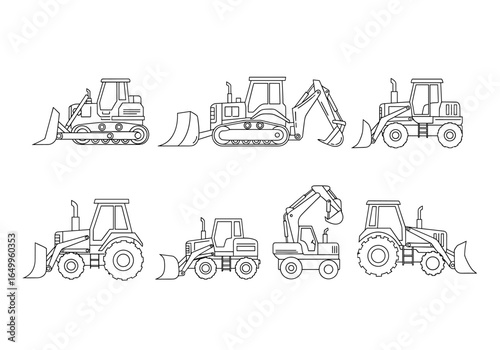 Detailed outline drawing featuring a selection of earth moving construction vehicles in crisp white field