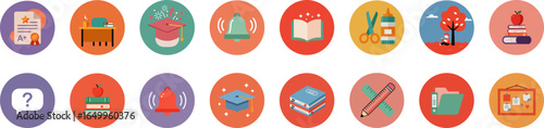 Set of 16 flat circular educational icons on vibrant background