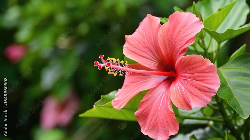Vibrant hibiscus flowers in bright red and pink hues, with large, ruffled petals and yellow stamens, blooming in a sunny garden alongside green leaves, symbolizing tropical beauty and summer charm Vibrant hibiscus flowers in bright red and pink hues, with large, ruffled petals and yellow stamens, blooming in a sunny garden alongside green leaves, symbolizing tropical beauty and summer charm