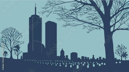 Somber silhouette of a memorial cemetery overlooking a city skyline with two iconic towers, a tribute to a national tragedy.