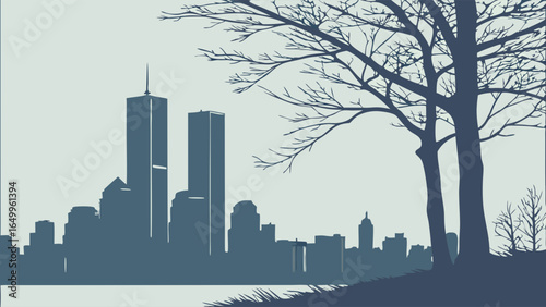 Silhouette of Twin Towers and Cityscape with Bare Trees