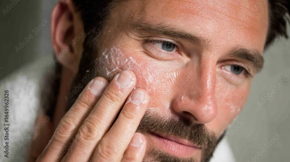 Obraz premium Man Applying Facial Scrub in Bathroom During Morning Skincare Routine for Healthy Skin and Grooming