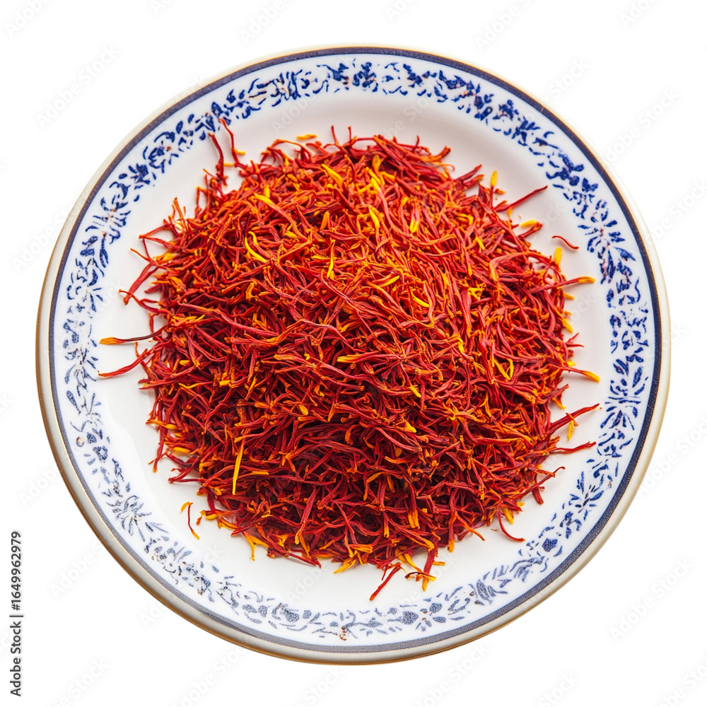 Fototapeta premium A plate of red and orange spices is on a white background