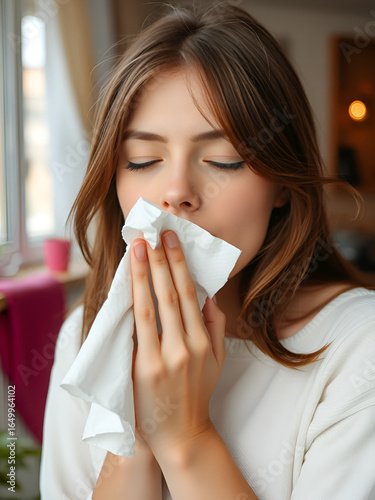 Brunette sneezing in a tissue