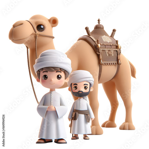 3D CUTE A camel and a man in a white robe with a camel in the background isolated on a white background