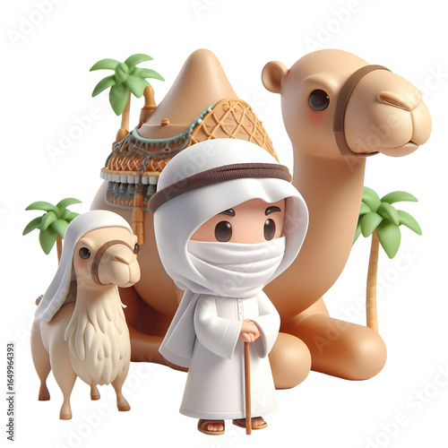 3D CUTE A camel and a man in a white robe with a camel in the background isolated on a white background