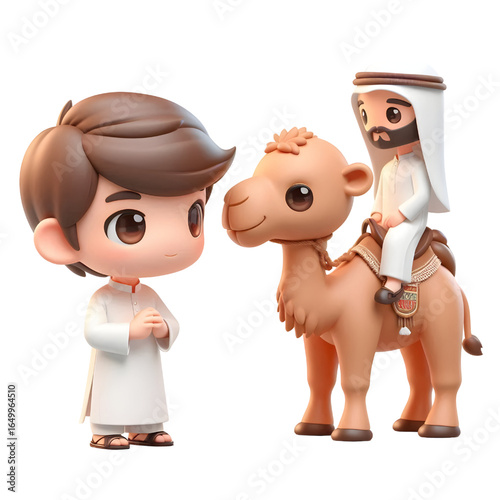 3D CUTE A camel and a man in a white robe with a camel in the background isolated on a white background