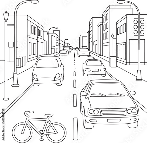 Busy city street scene with cars and a bicycle in black and white outline road traffic