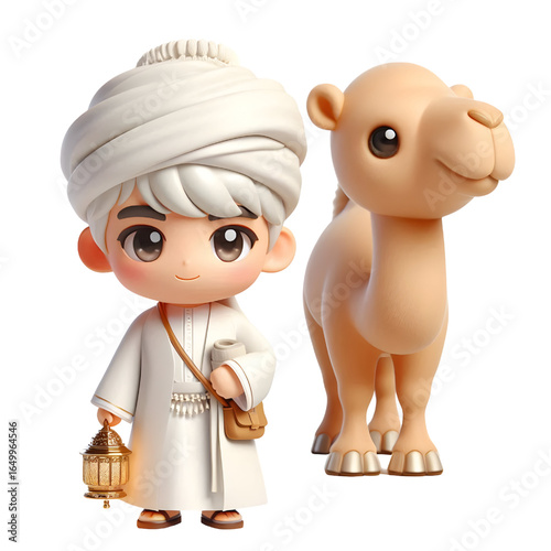 3D CUTE A camel and a man in a white robe with a camel in the background isolated on a white background