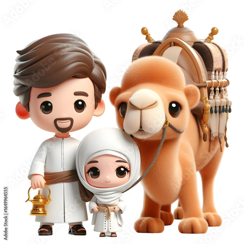 3D CUTE A camel and a man in a white robe with a camel in the background isolated on a white background