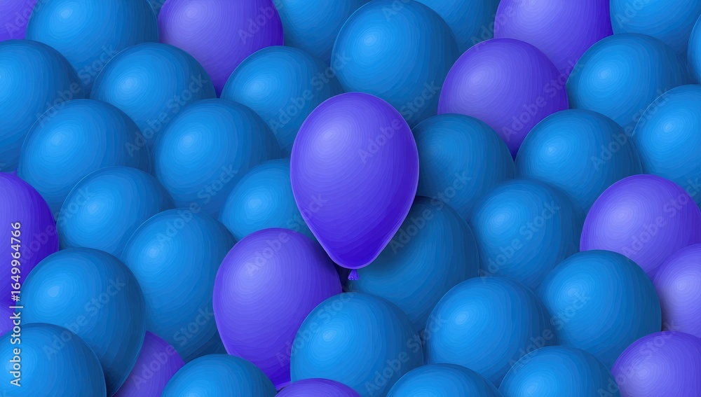 A single, vibrant purple balloon amidst many blue balloons A single, vibrant purple balloon amidst many blue balloons