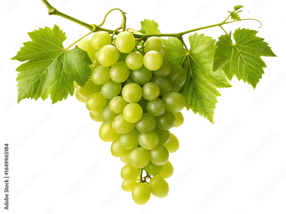 Obraz premium A bunch of green grapes hanging from a vine with leaves against a plain white background in studio shot