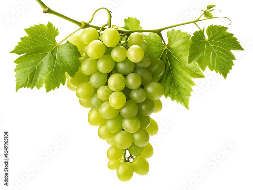 A bunch of green grapes hanging from a vine with leaves against a plain white background in studio shot