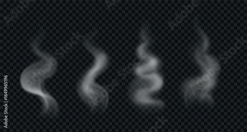 Set of realistic wavy smoke, steam from hot food and drinks. Vector swirl, white vapor isolated on transparent background