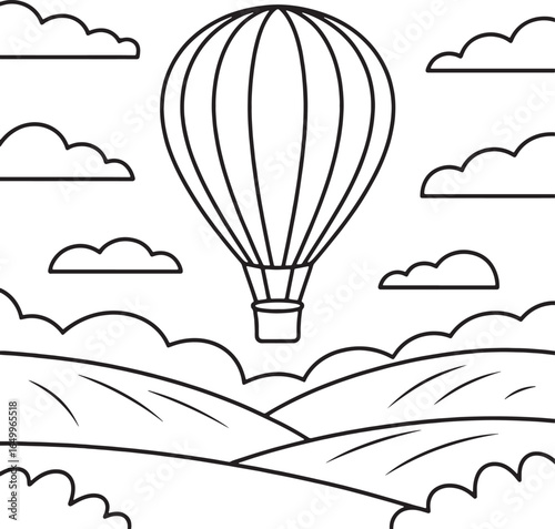 Outline drawing of a hot air balloon flying over rolling hills and clouds airship transportation