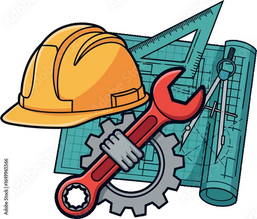 Construction Blueprint with Tools, Hard Hat, Blueprint, and Gear Engineering and Architecture Design Elements