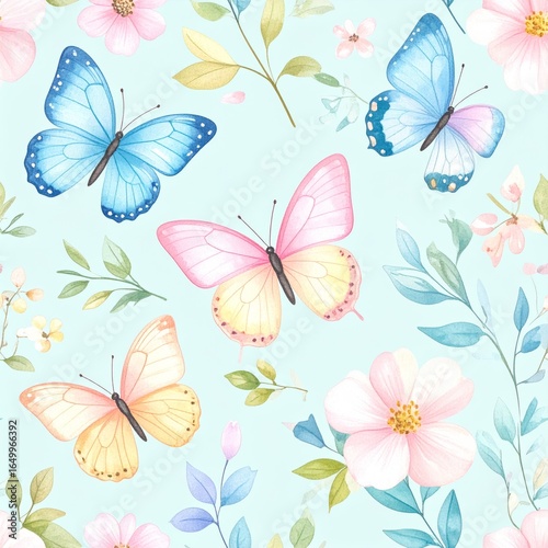 Seamless floral pattern with abstract blue pink flowers and leaves. Watercolor colorful print in rustic vintage style, textile or wallpapers background