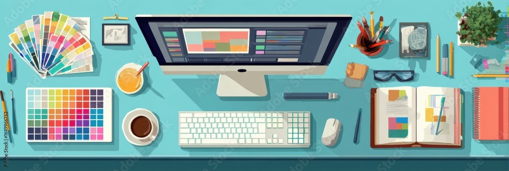 Fototapeta premium Creative Workspace on a Desk Featuring Design Tools, a Computer, and Colorful Materials for Projects Throughout the Day
