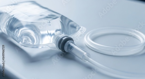 Iv bag and tubing on a light surface.