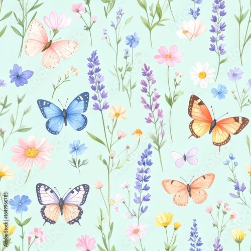 Seamless floral pattern with abstract blue pink flowers and leaves. Watercolor colorful print in rustic vintage style, textile or wallpapers background