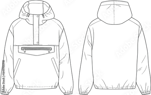 Hooded half zip jacket technical flat sketch, front and back views, chest pocket, elastic cuffs and hem, cad drawing flat vector illustration