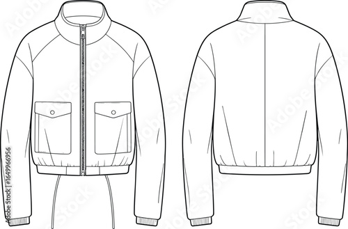 Long sleeve zip front jacket technical flat sketch, front and back views, high collar, flap pockets, ribbed cuffs and waistband, cad drawing flat vector illustration