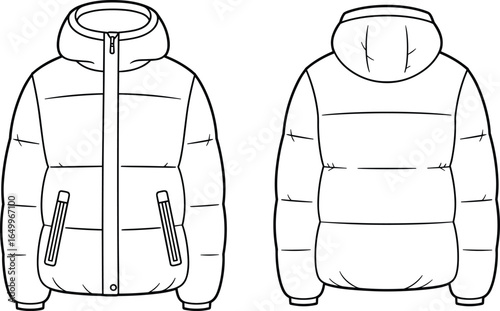 Quilted puffer jacket technical flat sketch, front and back views, hooded design with zipper and pockets, elastic cuffs, cad drawing flat vector illustration