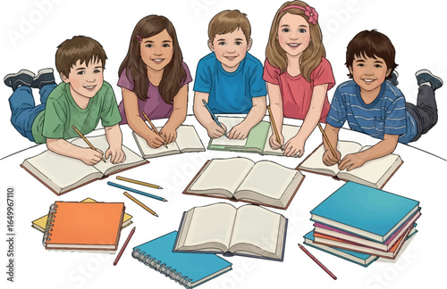 A charming vector illustration asset of diverse children collaborating on a school project, learning together as a group.