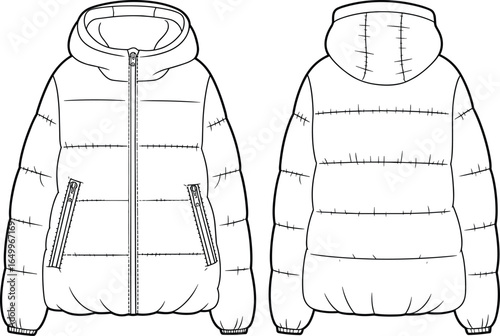 Hooded puffer jacket technical flat sketch, front and back views, quilted pattern with zipper pockets, elastic cuffs and hem, cad drawing flat vector illustration