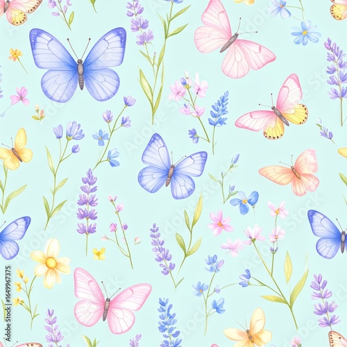 Seamless floral pattern with abstract blue pink flowers and leaves. Watercolor colorful print in rustic vintage style, textile or wallpapers background
