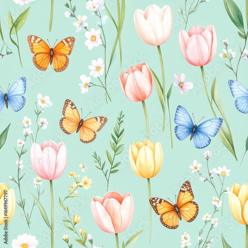 Seamless floral pattern with abstract blue pink flowers and leaves. Watercolor colorful print in rustic vintage style, textile or wallpapers background