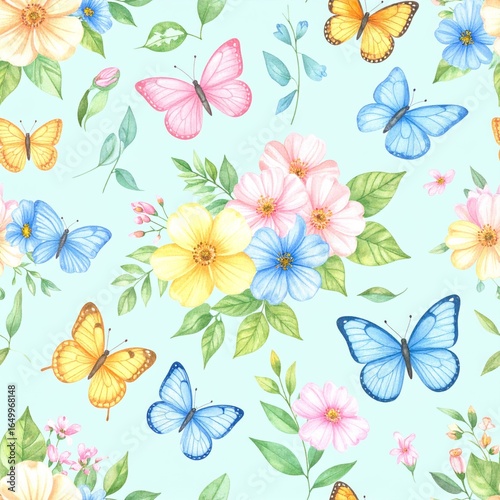 Seamless floral pattern with abstract blue pink flowers and leaves. Watercolor colorful print in rustic vintage style, textile or wallpapers background