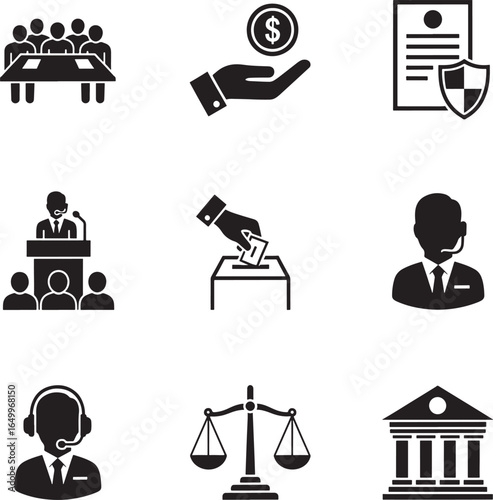 Collection of legal and business icons representing justice finance and government services