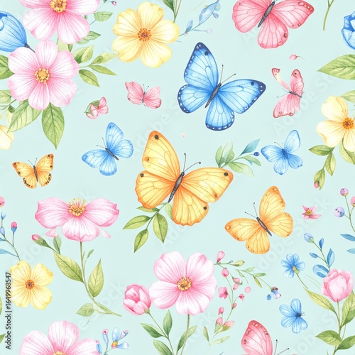 Seamless floral pattern with abstract blue pink flowers and leaves. Watercolor colorful print in rustic vintage style, textile or wallpapers background