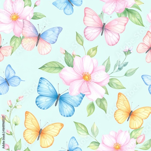 Seamless floral pattern with abstract blue pink flowers and leaves. Watercolor colorful print in rustic vintage style, textile or wallpapers background