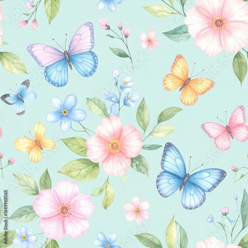 Seamless floral pattern with abstract blue pink flowers and leaves. Watercolor colorful print in rustic vintage style, textile or wallpapers background